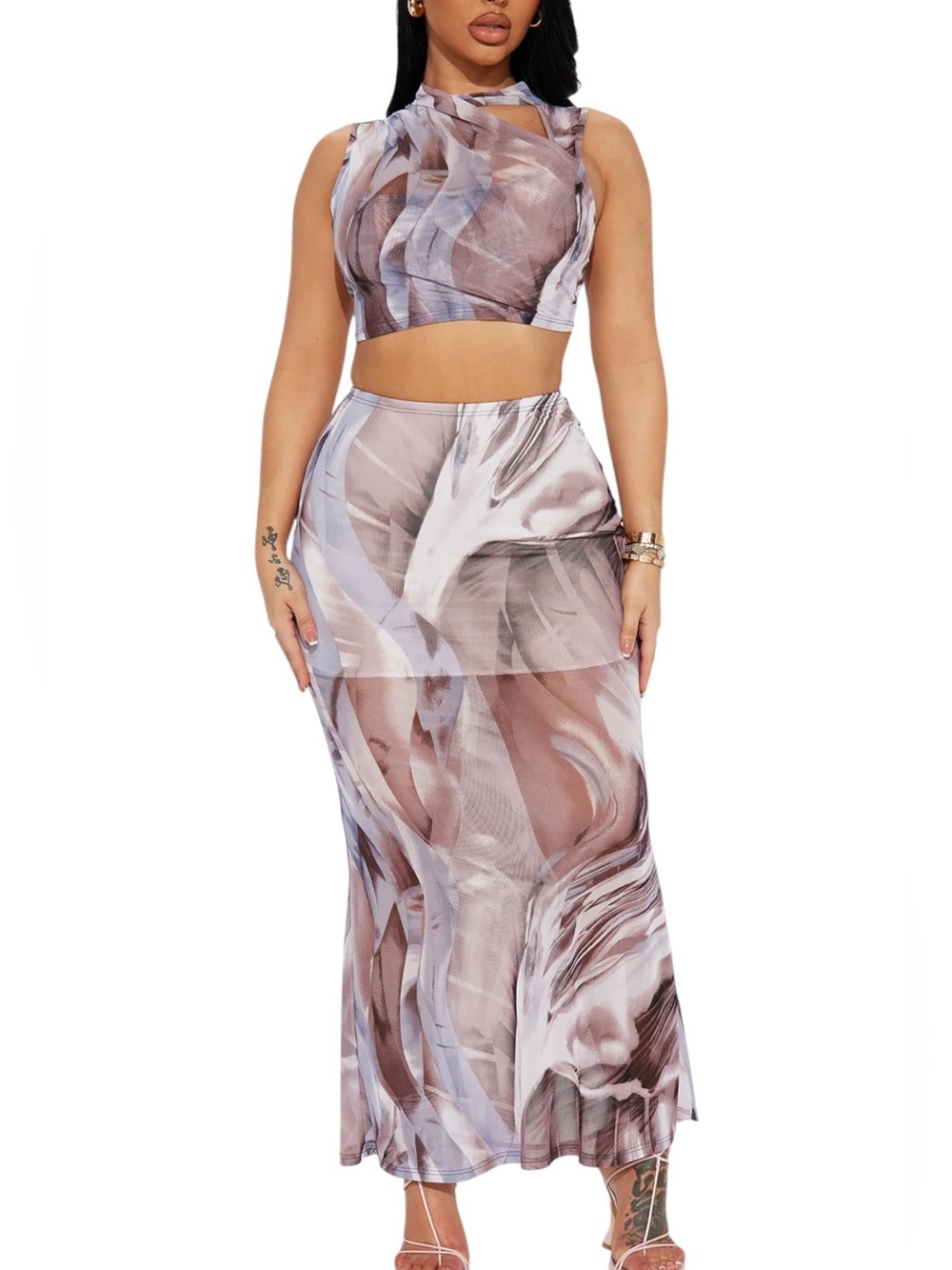 NWT Fashion Nova Skirt Set 1X Grey Abstract Print Two Piece Maxi Set